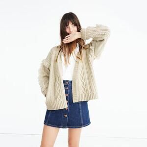 Madewell Cableknit Fringe Cardigan Sweater Tan Small Merino Wool Oversized